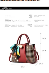 Detail of red leather bag with houndstooth stitching, scarf, and pearl charm accents