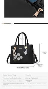 Detail of a black embroidered tote bag with golden zipper and dimensions overview
