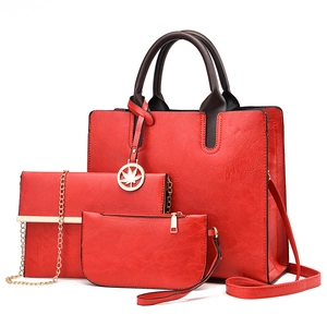 Rote Damen Handtaschen Set 3-teilig aus PU-Leder mit goldenem Blattanhänger und Kette