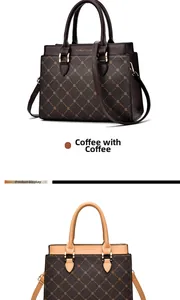 Close-up of diamond pattern synthetic leather handbags in coffee and brown tones
