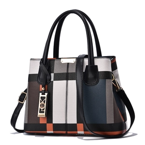 Women's plaid tote bag with colorful patchwork design and elegant gold metal charm