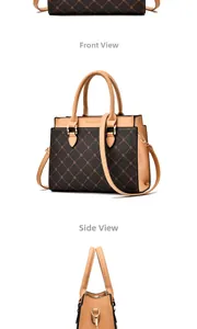 Detailed view of dark brown monogram handbag with adjustable strap and metallic logo