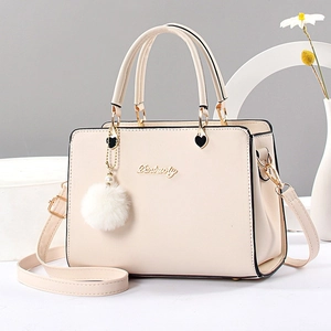 Women Fashion Handbag PU Leather Top Handle Shoulder Crossbody Bag With Heart Metal Decor And Fur Ball Pendant
