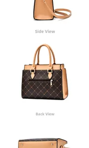Detailed side and back views of brown monogram tote bag with beige leather trim and gold hardware