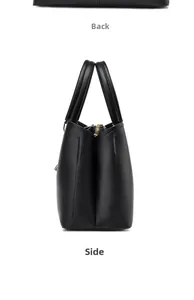 Side and back view of a black pebbled leather tote bag with gold zipper and dual handles