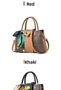 Detail of PU leather handbags featuring houndstooth pattern and silk scarf handle decor