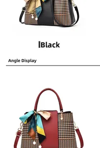 Detail view of spliced houndstooth handbags in black and red with silk scarf and pearl charms