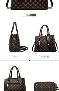 Detailed multi-angle views of a dark brown tote bag with vintage patterns and tassel charm