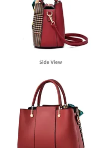 Detail view of red PU leather bag with houndstooth stitching and silk scarf decoration