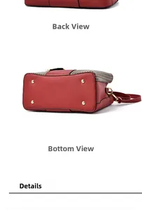 Macro view showing the reinforced bottom with gold metal rivets on a red PU leather bag