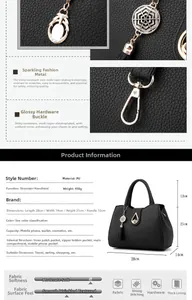 Detail view of black PU leather handbag with dimensions 28x14x21cm and tassel charm