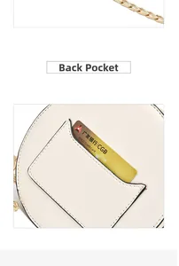 Detail showing the functional back card pocket of the white quilted round chain bag