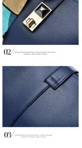 Detail of navy blue pebble leather bag with premium gold rotary metal hardware buckle