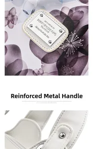 Close-up of floral print fabric with white lychee leather and silver hardware handles