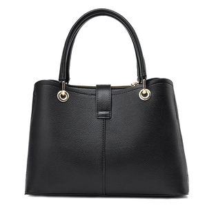 Classic black leather handbag for women with pebble texture and large capacity handles