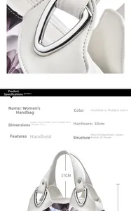 Detailed dimensions of white soft leather handbag with purple floral print and silver hardware