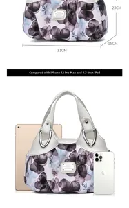 Floral soft leather handbag size guide 31x23x15cm with iPad and iPhone comparison