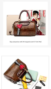 Detail of brown embossed Boston bag showing large capacity space and size comparison with iPad