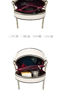 Detail view of round crossbody bag interior showing main pocket and zipper compartment