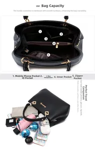 Detailed internal structure and large capacity of black leather handbag with five pockets