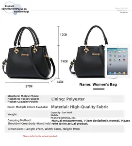 Detailed size guide of a black pebbled leather handbag with iPad mini comparison