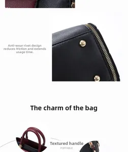 Detailed views of bi-color handbag featuring protective base rivets and ergonomic handle