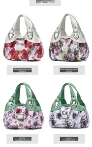Collage of four large capacity tote bags with colorful floral prints and pleated soft leather