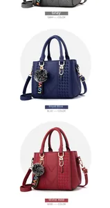 Detailed view of women's handbags in gray, blue and wine red with faux fur pom pom charms