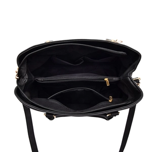 Black tote bag interior view with multiple compartments and golden zipper hardware
