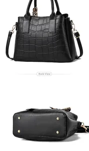 Detail view of crocodile pattern texture and golden protective studs on handbag bottom