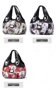 Detailed view of large capacity tote bags in green, purple, and red floral print patterns