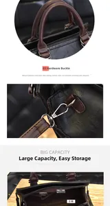 Detail of silver buckles and spacious interior compartments for black leather handbag