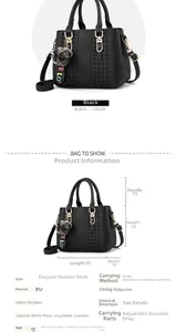 Detail view of black PU handbag with V-weave texture and gray fur ball charm showing size