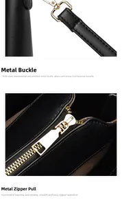 Close-up of golden hardware clasps and smooth zipper head on black leather handbag