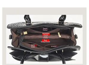 Detail view showing multi-pocket interior structure of glossy crocodile embossed handbag