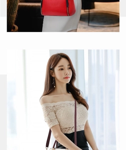 Detail of red color-block handbag paired with an elegant beige lace off-shoulder outfit