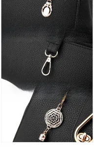 Detail of lychee pattern black leather with golden hardware, zipper and round pendant