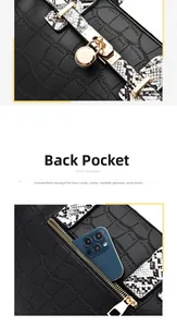 Detail of back zipper pocket on black crocodile pattern handbag for phone and cards