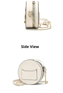 Side view and detail of cream-white round crossbody bag with cute cat ear pocket design