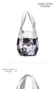 Detailed side and back views of large capacity floral print faux leather handbag