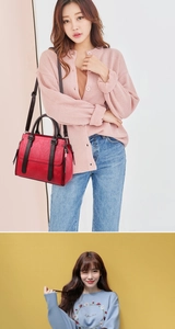 Red lychee grain handbag and blue knit sweater with floral embroidery detail