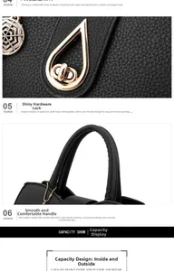 Detail of golden water-drop twist lock and reinforced stitched handles on black handbag