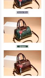 Detailed view of crocodile pattern leather bags in blue, green, and brown with wide straps