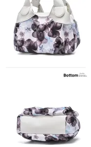 Detailed bottom and front view of a white leather handbag with floral watercolor print