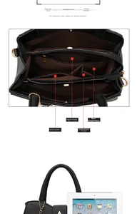 Detail of multi-compartment interior and tablet capacity of a black lychee leather tote
