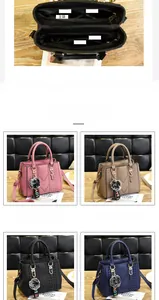 Detail view of the multi-compartment interior and the four available colors of the handbag