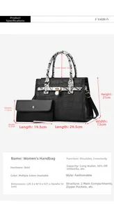 Detailed size chart for black faux leather tote and pouch featuring snake print accents