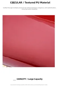 Detailed macro view of red patent PU leather texture and spacious interior of the handbag