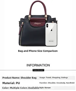 Size comparison of color-block PU leather tote bag with smartphone and dimensions