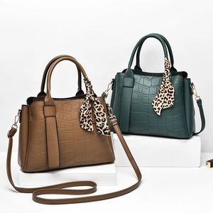 Brown and green stone pattern handbags with leopard silk scarves and shoulder straps